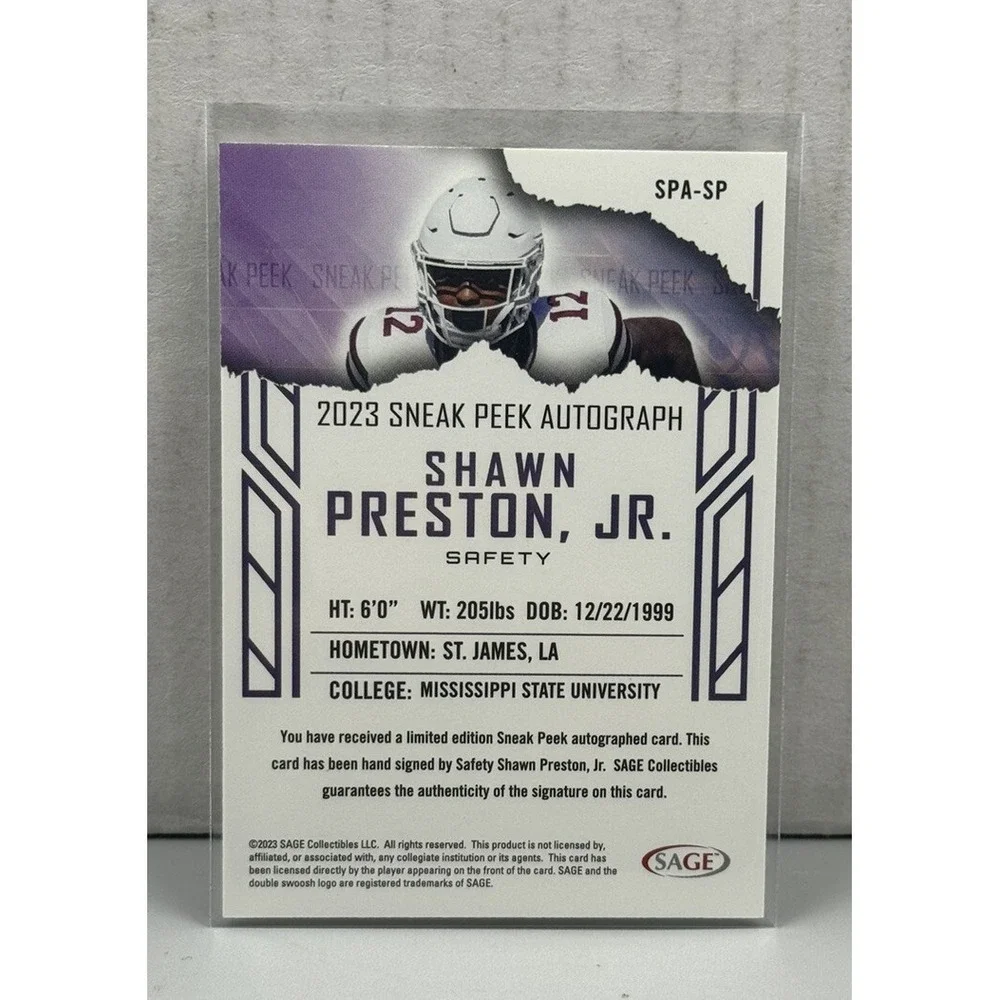 Shawn Preston Jr. auto rookie card NFL 2023 SAGE SNEAK‎ PEEK AUTOGRAPH #SPA-SP